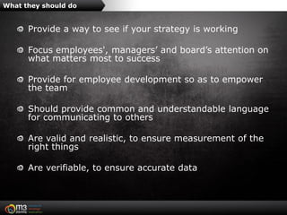What they should do


      Provide a way to see if your strategy is working

      Focus employees', managers’ and board’s attention on
      what matters most to success

      Provide for employee development so as to empower
      the team

      Should provide common and understandable language
      for communicating to others

      Are valid and realistic, to ensure measurement of the
      right things

      Are verifiable, to ensure accurate data
 
