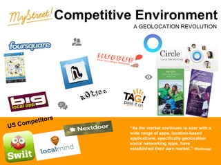 Competitive Environment
A GEOLOCATION REVOLUTION

tito
ompe
US C

rs
“As the market continues to soar with a
wide range of apps, location-based
applications, specifically geolocation
social networking apps, have
established their own market.” Wekhoapp

 