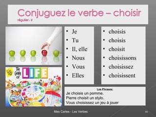 Mes Cartes - Les Verbes 14
• Je
• Tu
• Il, elle
• Nous
• Vous
• Elles
• choisis
• choisis
• choisit
• choisissons
• choisissez
• choisissent
Les Phrases:
Je choisis un pomme.
Pierre choisit un stylo.
Vous choisissez un jeu à jouer
 