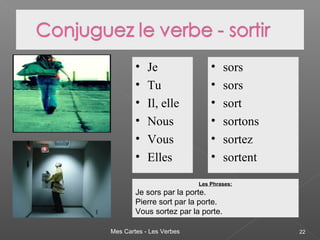 Mes Cartes - Les Verbes 22
• Je
• Tu
• Il, elle
• Nous
• Vous
• Elles
• sors
• sors
• sort
• sortons
• sortez
• sortent
Les Phrases:
Je sors par la porte.
Pierre sort par la porte.
Vous sortez par la porte.
 