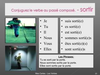 Mes Cartes - Les Verbes 23
• Je
• Tu
• Il
• Nous
• Vous
• Elles
• suis sorti(e)
• es sorti(e)
• est sorti(e)
• sommes sorti(e)s
• êtes sorti(e)(s)
• sont sorti(e)s
Les Phrases:
Tu es sorti par la porte.
Nous sommes sortis par la porte.
Elles sont sortis par la porte.
 