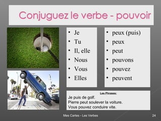Mes Cartes - Les Verbes 24
• Je
• Tu
• Il, elle
• Nous
• Vous
• Elles
• peux (puis)
• peux
• peut
• pouvons
• pouvez
• peuvent
Les Phrases:
Je puis de golf.
Pierre peut soulever la voiture.
Vous pouvez conduire vite.
 