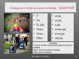 Mes Cartes - Les Verbes 25
• J’
• Tu
• Il, elle
• Nous
• Vous
• Elles
• ai pu
• as pu
• a pu
• avons pu
• avez pu
• ont pu
Les Phrases:
Tu as à monter au sommet jusqu'à ce que tu
tombes.
Nous avons pu jouer au bingo.
Elles ont pu marcher.
 