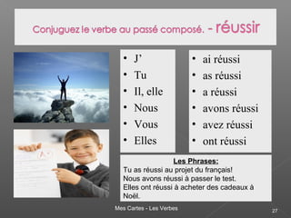 Mes Cartes - Les Verbes 27
• J’
• Tu
• Il, elle
• Nous
• Vous
• Elles
• ai réussi
• as réussi
• a réussi
• avons réussi
• avez réussi
• ont réussi
Les Phrases:
Tu as réussi au projet du français!
Nous avons réussi à passer le test.
Elles ont réussi à acheter des cadeaux à
Noël.
 