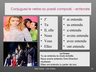 Mes Cartes - Les Verbes 29
• J’
• Tu
• Il, elle
• Nous
• Vous
• Elles
• ai entendu
• as entendu
• a entendu
• avons entendu
• avez entendu
• ont entendu
Les Phrases:
Tu as entendu la chute échelle.
Nous avons entendu One Direction
coulisses.
Elles ont entendu tu parler de son.
 