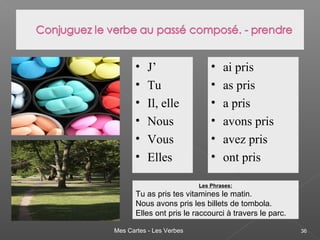 Mes Cartes - Les Verbes 36
• J’
• Tu
• Il, elle
• Nous
• Vous
• Elles
• ai pris
• as pris
• a pris
• avons pris
• avez pris
• ont pris
Les Phrases:
Tu as pris tes vitamines le matin.
Nous avons pris les billets de tombola.
Elles ont pris le raccourci à travers le parc.
 