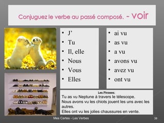 Mes Cartes - Les Verbes 38
• J’
• Tu
• Il, elle
• Nous
• Vous
• Elles
• ai vu
• as vu
• a vu
• avons vu
• avez vu
• ont vu
Les Phrases:
Tu as vu Neptune à travers le télescope.
Nous avons vu les chiots jouent les uns avec les
autres.
Elles ont vu les jolies chaussures en vente.
 