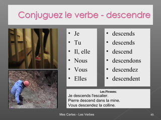 Mes Cartes - Les Verbes 45
• Je
• Tu
• Il, elle
• Nous
• Vous
• Elles
• descends
• descends
• descend
• descendons
• descendez
• descendent
Les Phrases:
Je descends l'escalier.
Pierre descend dans la mine.
Vous descendez la colline.
 