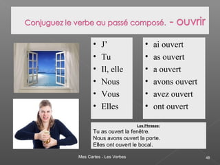 Mes Cartes - Les Verbes 48
• J’
• Tu
• Il, elle
• Nous
• Vous
• Elles
• ai ouvert
• as ouvert
• a ouvert
• avons ouvert
• avez ouvert
• ont ouvert
Les Phrases:
Tu as ouvert la fenêtre.
Nous avons ouvert la porte.
Elles ont ouvert le bocal.
 