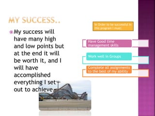  My success will
have many high
and low points but
at the end it will
be worth it, and I
will have
accomplished
everything I set
out to achieve.
Have Good time
management skills
Work well in Groups
Complete all assignments
to the best of my ability
In Order to be successful in
this program I must:
 