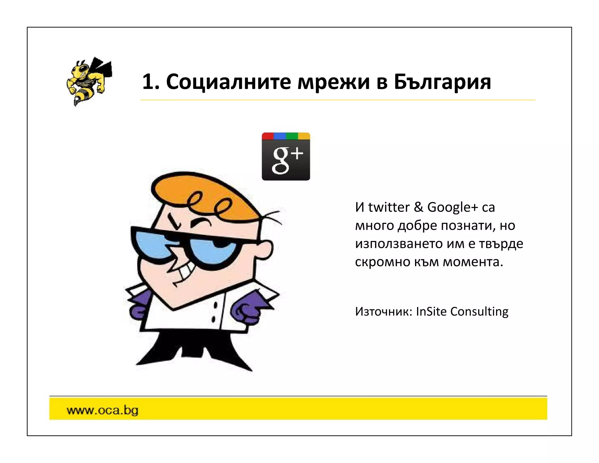 1. Социалните мрежи в България




                  И twitter & Google+ са
                  много добре познати, но
                  използването им е твърде
                  скромно към момента.


                  Източник: InSite Consulting
 