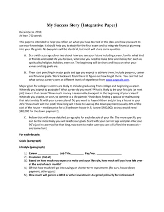 My Success Story (Integrative Paper)
December 6, 2010
At least 750 words

This paper is intended to help you reflect on what you have learned in this class and how you want to
use your knowledge. It should help you to study for the final exam and to integrate financial planning
into your life goals. No two plans will be identical, but most will share some qualities.

    A. Start with a paragraph or two about how you see your future including career, family, what kind
       of friends and social life you foresee, what else you need to make time and money for, such as
       spirituality/religion, hobbies, exercise. The beginning will be short and focus on what your
       values and big goals are.

    B. Then start penciling in major goals and age you expect to achieve them. Include personal, career
       and financial goals. Work backward from there to figure out how to get there. You can find out
       what various careers earn at different levels of experience from www.payscale.com.

Major goals for college students are likely to include graduating from college and beginning a career.
When do you expect to graduate? What career do you want? What is likely to be your first job (or next
job) toward that career? How much money is reasonable to expect in the beginning of your career?
When do you expect, or wish, to commit to a life partner? How does finding a spouse or maintaining
that relationship fit with your career plans? Do you want to have children and/or buy a house in your
20’s? How much will that cost? How long will it take to save up the down payment (usually 20% of the
cost of the house – median price for a 3 bedroom house in SJ is now $400,000, so you would need
$80,000 for the down payment!).

    C. Follow that with more detailed paragraphs for each decade of your life. The more specific you
       can be the more likely you will reach your goals. Start with your current age and plan into your
       90’s (just in case you live that long, you want to make sure you can still afford the essentials –
       and some fun!)

For each decade:

Goals (paragraph)

Lifestyle (paragraph)

    1.) Career ______________ Job Title_________ Pay/mo. _________________
    2.) Insurance (list all)
    3.) Based on how much you expect to make and your lifestyle, how much will you have left over
        at the end of each month?
    4.) Of that how much will go into savings or shorter term investments (for cars, house down
        payment, other goals)
    5.) How much will go into a 401K or other investments targeted primarily for retirement?
 