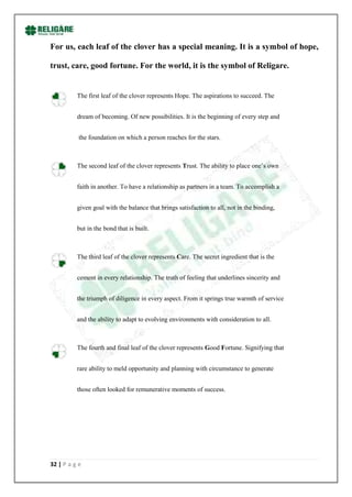 For us, each leaf of the clover has a special meaning. It is a symbol of hope,

trust, care, good fortune. For the world, it is the symbol of Religare.


          The first leaf of the clover represents Hope. The aspirations to succeed. The


          dream of becoming. Of new possibilities. It is the beginning of every step and


           the foundation on which a person reaches for the stars.



          The second leaf of the clover represents Trust. The ability to place one‟s own


          faith in another. To have a relationship as partners in a team. To accomplish a


          given goal with the balance that brings satisfaction to all, not in the binding,


          but in the bond that is built.



          The third leaf of the clover represents Care. The secret ingredient that is the


          cement in every relationship. The truth of feeling that underlines sincerity and


          the triumph of diligence in every aspect. From it springs true warmth of service


          and the ability to adapt to evolving environments with consideration to all.



          The fourth and final leaf of the clover represents Good Fortune. Signifying that


          rare ability to meld opportunity and planning with circumstance to generate


          those often looked for remunerative moments of success.




32 | P a g e
 