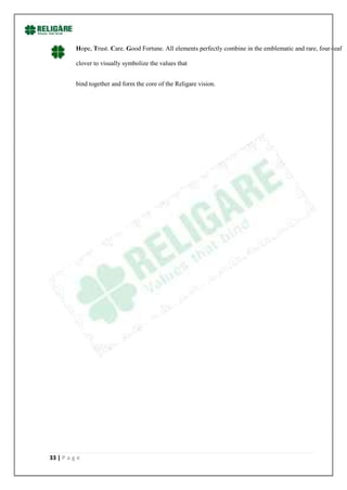 Hope, Trust. Care. Good Fortune. All elements perfectly combine in the emblematic and rare, four-leaf

          clover to visually symbolize the values that


          bind together and form the core of the Religare vision.




33 | P a g e
 