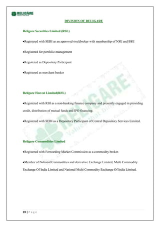 DIVISION OF RELIGARE


Religare Securities Limited (RSL)


 Registered with SEBI as an approved stockbroker with membership of NSE and BSE


 Registered for portfolio management


 Registered as Depository Participant


 Registered as merchant banker




Religare Finvest Limited(RFL)


 Registered with RBI as a non-banking finance company and presently engaged in providing

credit, distribution of mutual funds and IPO financing.


 Registered with SEBI as a Depository Participant of Central Depository Services Limited.




Religare Commodities Limited


 Registered with Forwarding Market Commission as a commodity broker.


 Member of National Commodities and derivative Exchange Limited, Multi Commodity

Exchange Of India Limited and National Multi Commodity Exchange Of India Limited.




39 | P a g e
 