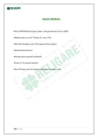 EQUITY BROKING




 Over 200,000 Retail Equity clients, with growth rates of over 200%


 Market share as on 31st March, 07, was 2.70%


 Pan India footprint, one of the largest in the category


 International presence


 Strong equity research credentials


 Team of 10 research analysts


 Over 90 man years of research experience for equity retail




42 | P a g e
 