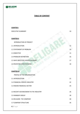 TABLE OF CONTENT




CHAPTER-I

EXECUTIVE SUMMARY                                   10



CHAPTER-II

   INTRODUCTION OF PROJECT

2.1 INTRODUCTION                                    12

2.2 STATEMENT OF PROBLEM                            14

2.3 OBJECTIVE                                       15

2.4 PROBLEM DEFINETION                              16

2.5 WHY INVESTOR CHOOSE RELIGARE                    17

2.6 INVESTOR EXPECTATAIONS                          18



CHAPTER-III

   PROFILE OF THE ORGANIZATION

3.1 INTRODUCTION                                    21

3.2 FINANCIAL SERVICE INDUSTRY                      22

3.3 INDIAN FINANCIAL SECTOR                         24


3.4 RECENT ADVANCEMENT IN THE INDUSTRY              26

3.5 RANBAXY GROUP                                   28

3.6 RELIGARE: THE COMPANY                           30

3.7 COMPANY STRUCTURE                               34

6|Page
 