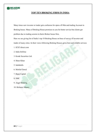 TOP TEN BROKING FIRM IN INDIA




Many times new investor or trader gets confusion for open a D Mat and trading Account in

Broking house. Many of Broking House promises to you for better service but clients get

problem due to trading session in theirs Broker house firm.

Here we are giving list of India‟s top 10 Broking House on base of survey of investor and

trader of many cities. In their views following Broking Houses gives best and reliable services

1. ICICI direct.com

2. India Infoline

3. Kotak Securities Ltd.

4. Share Khan

5. Indiabulls

6. Motilal Oswal

7. Bajaj Capital

8. SMC

9. Angel Broking

10. Reliance Money




69 | P a g e
 