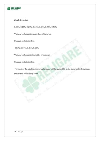Kotak Securities


0.18%, 0.23%, 0.27%, 0.36%, 0.45%, 0.55%, 0.59%


Variable brokerage in seven slabs of turnover


Charged on both the legs


0.03%, 0.04%, 0.05%, 0.06%


Variable brokerage in four slabs of turnover


Charged on both the legs


For most of the retail investors, higher rates will be applicable, as the turnover for lower rates

may not be achieved by them




74 | P a g e
 
