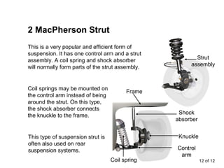 2 MacPherson Strut
This is a very popular and efficient form of
suspension. It has one control arm and a strut
assembly. A coil spring and shock absorber
will normally form parts of the strut assembly.

Coil springs may be mounted on
the control arm instead of being
around the strut. On this type,
the shock absorber connects
the knuckle to the frame.

Strut
assembly

Frame

Shock
absorber
Knuckle

This type of suspension strut is
often also used on rear
suspension systems.
Coil spring

Control
arm
12 of 12

 
