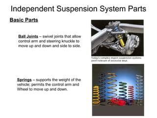 Independent Suspension System Parts
Basic Parts
Ball Joints – swivel joints that allow
control arm and steering knuckle to
move up and down and side to side.

Springs – supports the weight of the
vehicle; permits the control arm and
Wheel to move up and down.

 