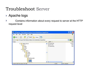 Troubleshoot Server
 Apache logs
 Contains information about every request to server at the HTTP
request level
 