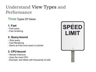 Understand View Types and
Performance
Three Types Of Views:
1. Fast
- Fast query
- Fast rendering
2. Query-bound
- Slow query
- Fast Rendering
- Same as Fast once query is cached
3. CPU-bound
- Render-Intensive
- Uses the most CPU
- Example: text tables with thousands of cells
 