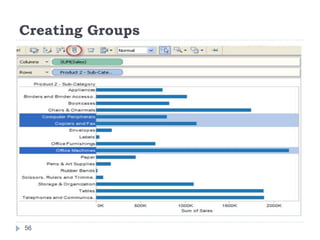 Creating Groups
 The most common way to create a group is through
the group button on the toolbar.
 However, you can also create groups by right-
clicking a dimension in the Data window and
selecting Create Group.
 To create a group using the toolbar:
 1. Hold the CTRL or Shift key on the keyboard to multi-select
dimension members in the view.
 2. Click the Group button
 on the toolbar.
56
 
