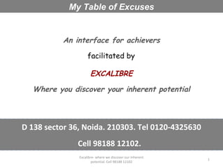 Excalibre- where we discover our inherent
potential. Cell 98188 12102
1
My Table of Excuses
An interface for achievers
facilitated by
EXCALIBRE
Where you discover your inherent potential
D 138 sector 36, Noida. 210303. Tel 0120-4325630
Cell 98188 12102.
 