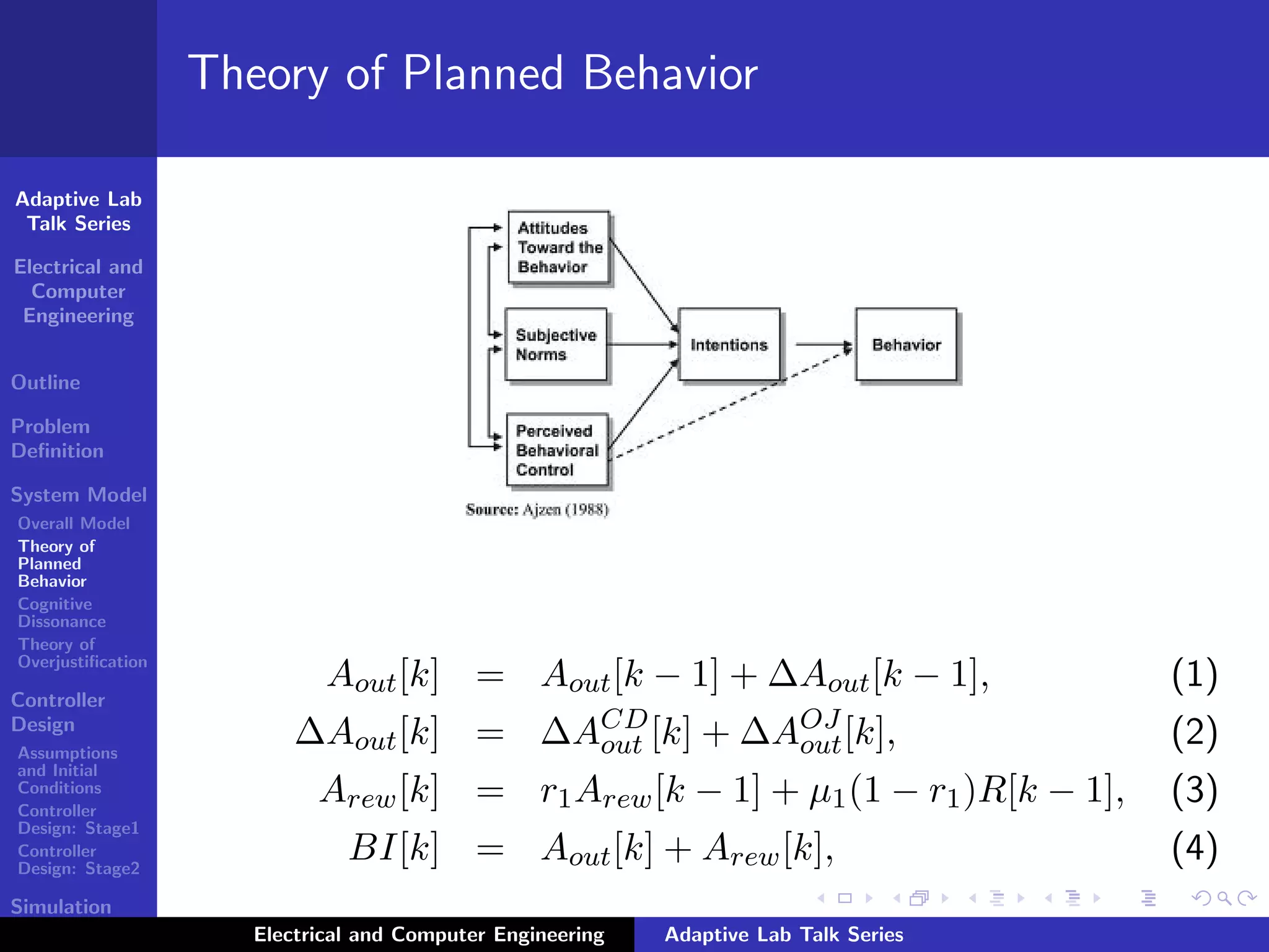 Adaptive Lab
Talk Series
Electrical and
Computer
Engineering
Outline
Problem
Deﬁnition
System Model
Overall Model
Theory of
Planned
Behavior
Cognitive
Dissonance
Theory of
Overjustiﬁcation
Controller
Design
Assumptions
and Initial
Conditions
Controller
Design: Stage1
Controller
Design: Stage2
Simulation
Results
Theory of Planned Behavior
Aout[k] = Aout[k − 1] + ∆Aout[k − 1], (1)
∆Aout[k] = ∆ACD
out [k] + ∆AOJ
out[k], (2)
Arew[k] = r1Arew[k − 1] + µ1(1 − r1)R[k − 1], (3)
BI[k] = Aout[k] + Arew[k], (4)
Electrical and Computer Engineering Adaptive Lab Talk Series
 