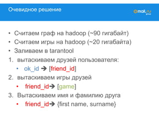 Очевидное решение
•  Считаем граф на hadoop (~90 гигабайт)
•  Считаем игры на hadoop (~20 гигабайта)
•  Заливаем в tarantool
1.  вытаскиваем друзей пользователя:
•  ok_id è [friend_id]
2.  вытаскиваем игры друзей
•  friend_idè [game]
3.  Вытаскиваем имя и фамилию друга
•  friend_idè {first name, surname}
 