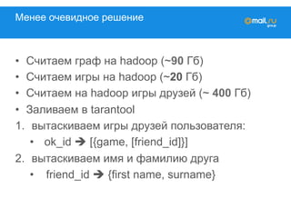 Менее очевидное решение
•  Считаем граф на hadoop (~90 Гб)
•  Считаем игры на hadoop (~20 Гб)
•  Считаем на hadoop игры друзей (~ 400 Гб)
•  Заливаем в tarantool
1.  вытаскиваем игры друзей пользователя:
•  ok_id è [{game, [friend_id]}]
2.  вытаскиваем имя и фамилию друга
•  friend_id è {first name, surname}
 