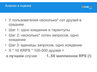 Анализ и оценка
•  У пользователей несколько* сот друзей в
среднем
•  Шаг 1: одно хождение в тарантулы
•  Шаг 2: несколько* сотен запросов, одно
хождение
•  Шаг 3: единицы запросов, одно хождение
•  X * 10 KRPS * 100-500 друзей =
в лучшем случае 1..5X миллионов RPS (!)
 