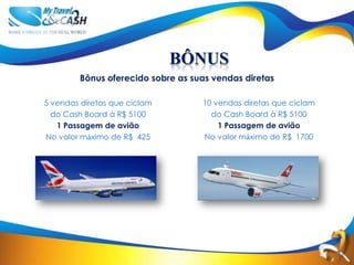 BÔNUS
        Bônus oferecido sobre as suas vendas diretas

5 vendas diretas que ciclam        10 vendas diretas que ciclam
  do Cash Board à R$ 5100            do Cash Board à R$ 5100
   1 Passagem de avião                 1 Passagem de avião
No valor máximo de R$ 425          No valor máximo de R$ 1700
 