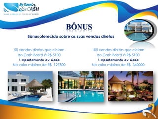 BÔNUS
       Bônus oferecido sobre as suas vendas diretas


50 vendas diretas que ciclam           100 vendas diretas que ciclam
  do Cash Board à R$ 5100                do Cash Board à R$ 5100
   1 Apartamento ou Casa                  1 Apartamento ou Casa
No valor máximo de R$ 127500           No valor máximo de R$ 340000
 