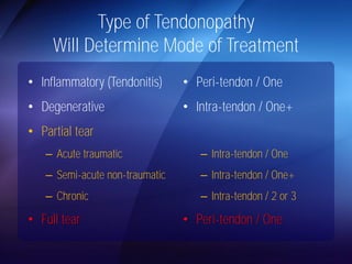 Type of Tendonopathy 
Will Determine Mode of Treatment 
• Inflammatory (Tendonitis) 
• Degenerative 
• Partial tear 
– Acute traumatic 
– Semi-acute non-traumatic 
– Chronic 
• Full tear 
• Peri-tendon / One 
• Intra-tendon / One+ 
– Intra-tendon / One 
– Intra-tendon / One+ 
– Intra-tendon / 2 or 3 
• Peri-tendon / One 
 