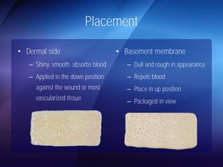 Placement 
• Dermal side 
– Shiny, smooth, absorbs blood 
– Applied in the down position 
against the wound or most 
vascularized tissue 
• Basement membrane 
– Dull and rough in appearance 
– Repels blood 
– Place in up position 
– Packaged in view 
 