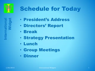 International
Widget Schedule for Today
• President’s Address
• Directors’ Report
• Break
• Strategy Presentation
• Lunch
• Group Meetings
• Dinner
1/25/2015 1International Widgets
 