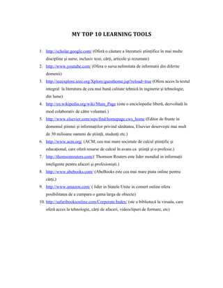 MY TOP 10 LEARNING TOOLS

1. http://scholar.google.com/ (Oferă o căutare a literaturii ştiinţifice în mai multe
   discipline şi surse, inclusiv teze, cărţi, articole şi rezumate)
2. http://www.youtube.com/ (Ofera o sursa nelimitata de informatii din diferite
   domenii)
3. http://ieeexplore.ieee.org/Xplore/guesthome.jsp?reload=true (Ofera acces la textul
   integral la literatura de cea mai bună calitate tehnică în inginerie şi tehnologie,
   din lume)
4. http://en.wikipedia.org/wiki/Main_Page (este o enciclopedie liberă, dezvoltată în
   mod colaborativ de către voluntari.)
5. http://www.elsevier.com/wps/find/homepage.cws_home (Editor de frunte in
   domeniul ştiintei şi informaţiilor privind sănătatea, Elsevier deserveşte mai mult
   de 30 milioane oameni de ştiinţă, studenţi etc.)
6. http://www.acm.org/ (ACM, cea mai mare societate de calcul ştiinţific şi
   educaţional, care oferă resurse de calcul în avans ca ştiinţă şi o profesie.)
7. http://thomsonreuters.com/( Thomson Reuters este lider mondial in informaţii
   inteligente pentru afaceri şi profesionişti.)
8. http://www.abebooks.com/ (AbeBooks este cea mai mare piata online pentru
   cărţi,)
9. http://www.amazon.com/ ( lider in Statele Unite in comert online ofera
   posibilitatea de a cumpara o gama larga de obiecte)
10. http://safaribooksonline.com/Corporate/Index/ (ste o bibliotecă la viruala, care
   oferă acces la tehnologie, cărţi de afaceri, videoclipuri de formare, etc)
 