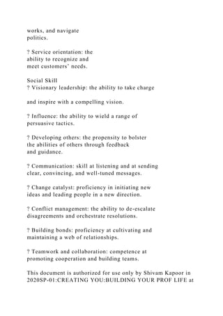 works, and navigate
politics.
? Service orientation: the
ability to recognize and
meet customers’ needs.
Social Skill
? Visionary leadership: the ability to take charge
and inspire with a compelling vision.
? Influence: the ability to wield a range of
persuasive tactics.
? Developing others: the propensity to bolster
the abilities of others through feedback
and guidance.
? Communication: skill at listening and at sending
clear, convincing, and well-tuned messages.
? Change catalyst: proficiency in initiating new
ideas and leading people in a new direction.
? Conflict management: the ability to de-escalate
disagreements and orchestrate resolutions.
? Building bonds: proficiency at cultivating and
maintaining a web of relationships.
? Teamwork and collaboration: competence at
promoting cooperation and building teams.
This document is authorized for use only by Shivam Kapoor in
2020SP-01:CREATING YOU:BUILDING YOUR PROF LIFE at
 