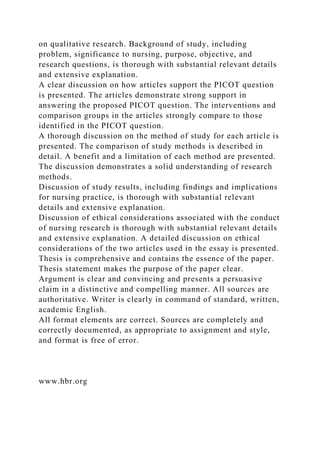 on qualitative research. Background of study, including
problem, significance to nursing, purpose, objective, and
research questions, is thorough with substantial relevant details
and extensive explanation.
A clear discussion on how articles support the PICOT question
is presented. The articles demonstrate strong support in
answering the proposed PICOT question. The interventions and
comparison groups in the articles strongly compare to those
identified in the PICOT question.
A thorough discussion on the method of study for each article is
presented. The comparison of study methods is described in
detail. A benefit and a limitation of each method are presented.
The discussion demonstrates a solid understanding of research
methods.
Discussion of study results, including findings and implications
for nursing practice, is thorough with substantial relevant
details and extensive explanation.
Discussion of ethical considerations associated with the conduct
of nursing research is thorough with substantial relevant details
and extensive explanation. A detailed discussion on ethical
considerations of the two articles used in the essay is presented.
Thesis is comprehensive and contains the essence of the paper.
Thesis statement makes the purpose of the paper clear.
Argument is clear and convincing and presents a persuasive
claim in a distinctive and compelling manner. All sources are
authoritative. Writer is clearly in command of standard, written,
academic English.
All format elements are correct. Sources are completely and
correctly documented, as appropriate to assignment and style,
and format is free of error.
www.hbr.org
 