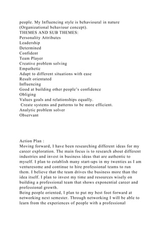 people. My Influencing style is behavioural in nature
(Organizational behaviour concept).
THEMES AND SUB THEMES:
Personality Attributes
Leadership
Determined
Confident
Team Player
Creative problem solving
Empathetic
Adapt to different situations with ease
Result orientated
Influencing
Good at building other people’s confidence
Obliging
Values goals and relationships equally.
Create systems and patterns to be more efficient.
Analytic problem solver
Observant
Action Plan :
Moving forward, I have been researching different ideas for my
career exploration. The main focus is to research about different
industries and invest in business ideas that are authentic to
myself. I plan to establish many start-ups in my twenties as I am
venturesome and continue to hire professional teams to run
them. I believe that the team drives the business more than the
idea itself. I plan to invest my time and resources wisely on
building a professional team that shows exponential career and
professional growth.
Being people oriented, I plan to put my best foot forward at
networking next semester. Through networking I will be able to
learn from the experiences of people with a professional
 