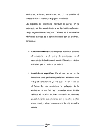 Página
31
habilidades, actitudes, aspiraciones, etc. Lo que permitirá al
profesor tomar decisiones pedagógicas posteriores.
Los aspectos de rendimiento individual se apoyan en la
exploración de los conocimientos y de los hábitos culturales,
campo cognoscitivo o intelectual. También en el rendimiento
intervienen aspectos de la personalidad que son los afectivos.
Comprende:
Rendimiento General: Es el que se manifiesta mientras
el estudiante va al centro de enseñanza, en el
aprendizaje de las Líneas de Acción Educativa y hábitos
culturales y en la conducta del alumno.
Rendimiento específico: Es el que se da en la
resolución de los problemas personales, desarrollo en la
vida profesional, familiar y social que se les presentan en
el futuro. En este rendimiento la realización de la
evaluación de más fácil, por cuanto si se evalúa la vida
afectiva del alumno, se debe considerar su conducta
parceladamente: sus relaciones con el maestro, con las
cosas, consigo mismo, con su modo de vida y con los
demás.
 