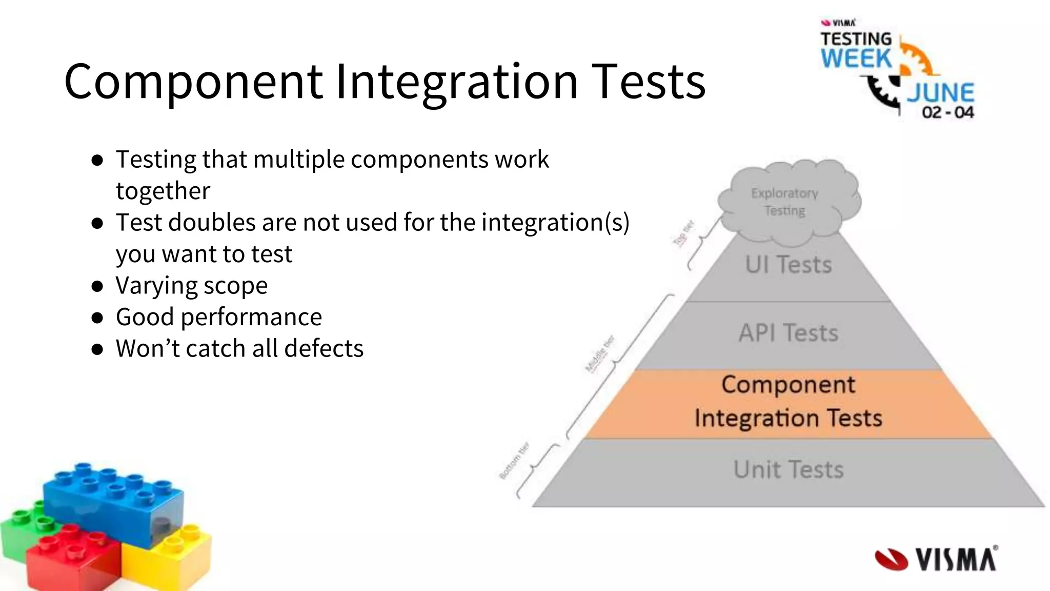 Component Integration Tests
● Testing that multiple components work
together
● Test doubles are not used for the integration(s)
you want to test
● Varying scope
● Good performance
● Won’t catch all defects
 