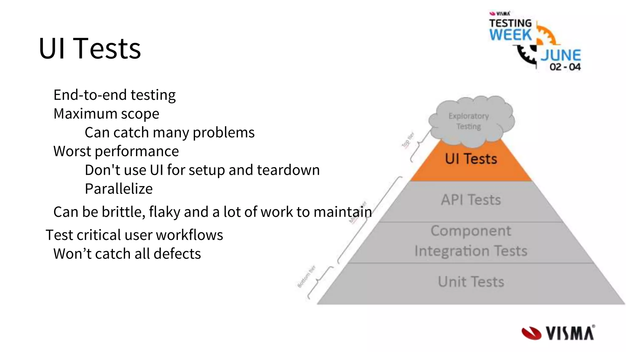 UI Tests
End-to-end testing
Maximum scope
Can catch many problems
Worst performance
Don't use UI for setup and teardown
Parallelize
Can be brittle, flaky and a lot of work to maintain
Test critical user workflows
Won’t catch all defects
 