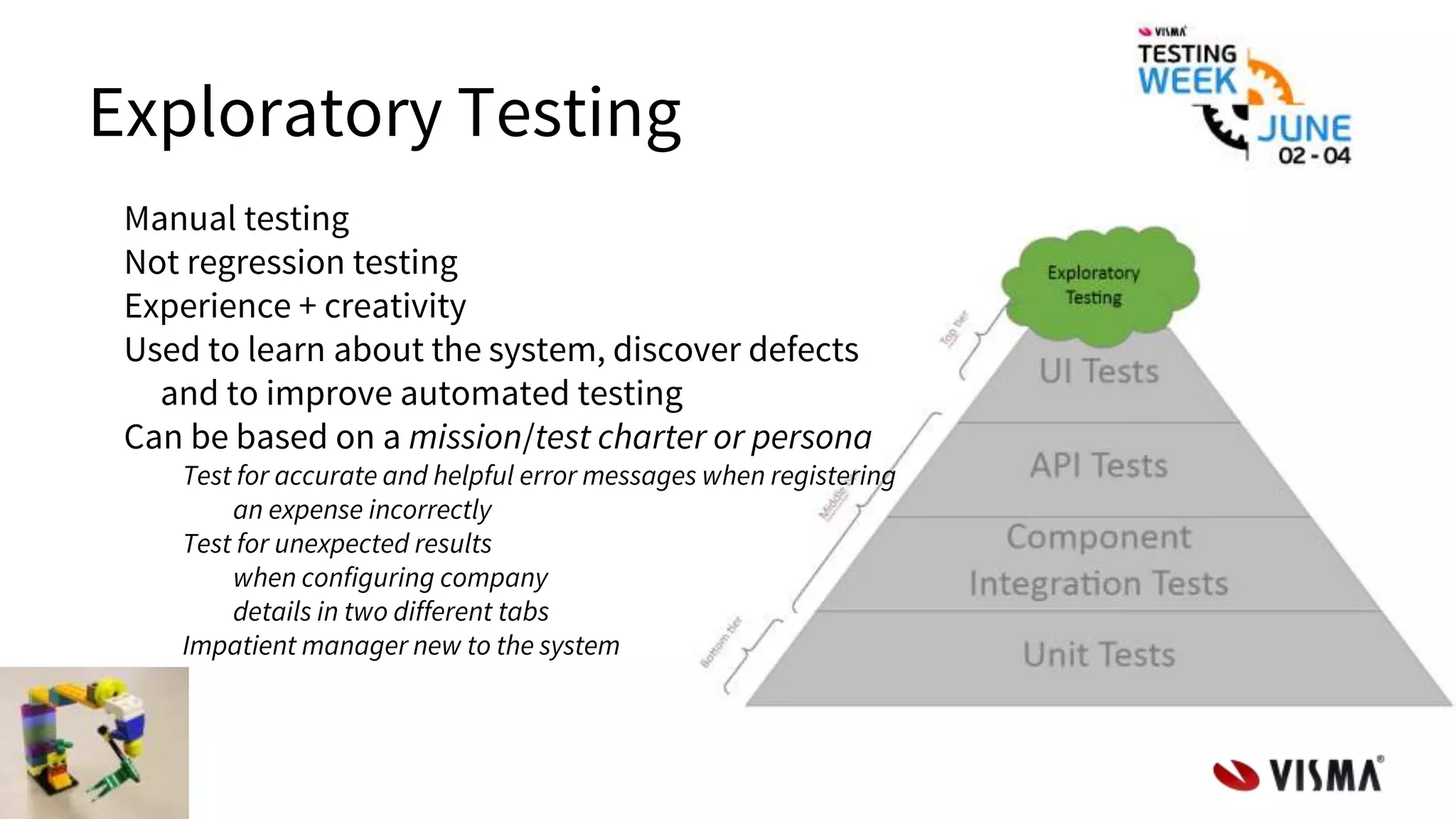 Exploratory Testing
Manual testing
Not regression testing
Experience + creativity
Used to learn about the system, discover defects
and to improve automated testing
Can be based on a mission/test charter or persona
Test for accurate and helpful error messages when registering
an expense incorrectly
Test for unexpected results
when configuring company
details in two different tabs
Impatient manager new to the system
 
