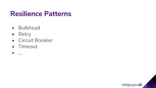 • Bulkhead
• Retry
• Circuit Breaker
• Timeout
• …
Resilience Patterns
 
