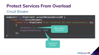 Protect Services From Overload
Circuit Breaker
Retries Before
Suspension
Suspension
Duration
 