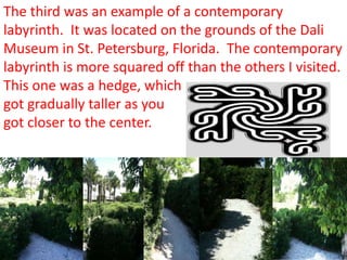 The third was an example of a contemporary
labyrinth. It was located on the grounds of the Dali
Museum in St. Petersburg, Florida. The contemporary
labyrinth is more squared off than the others I visited.
This one was a hedge, which
got gradually taller as you
got closer to the center.
 