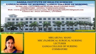 MRS.ARUNA MANO
MSC (N),MEDICAL SURGICAL NURSING
LECTURER
GANGA COLLEGE OF NURSING
COIMBATORE
 